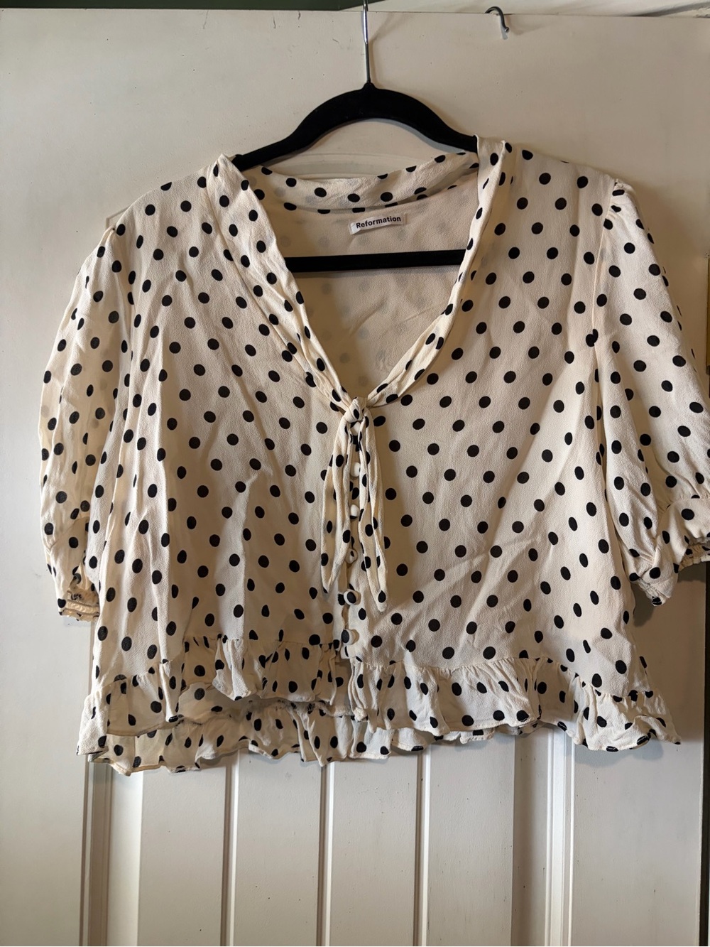 Reformation Cream Blouse with Black Polka Dots and Tie Front